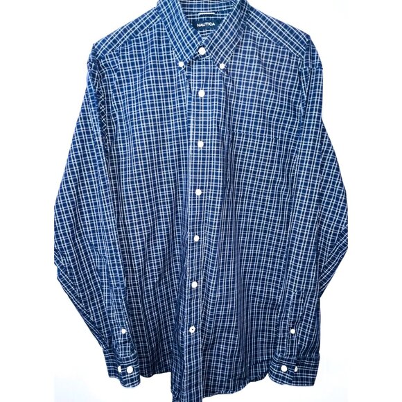 Nautica Other - Nautica Mens Wrinkle Resistant Navy Blue Plaid Button-Down Shirt Size Large